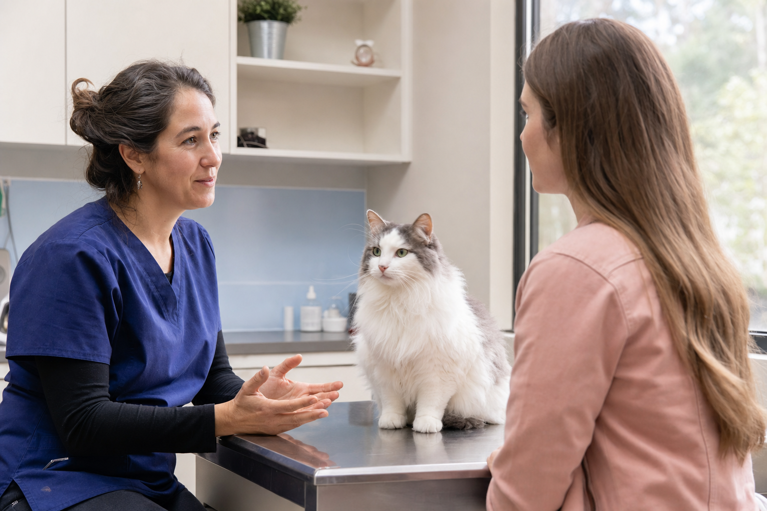 A long-haired cat sits calmly on an exam table while a veterinary professional talks with the owner.