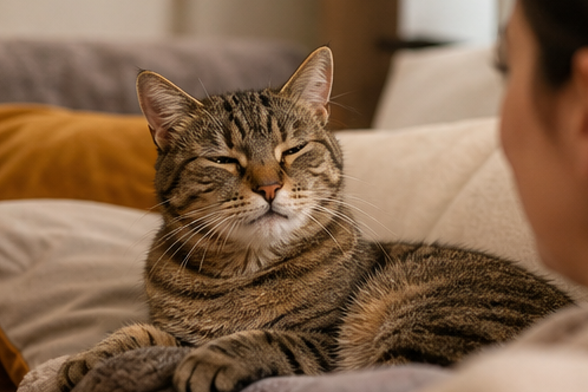 A relaxed tabby cat rests on a sofa and slow blinks toward a person nearby.