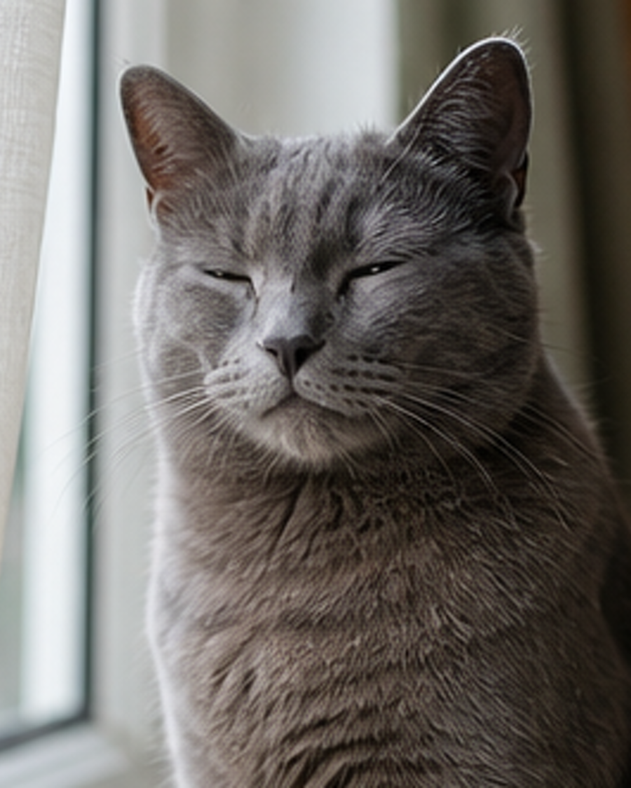 A grey cat sits near a window with soft half-closed eyes.