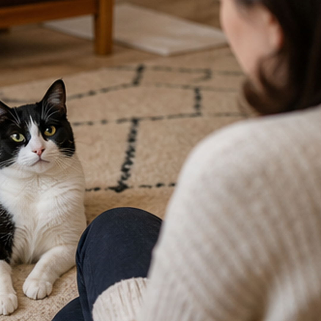 A black-and-white cat rests on a rug near a seated person with gentle eye contact.