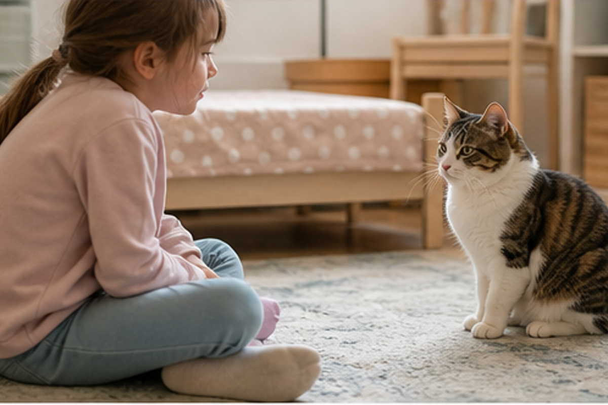 A tabby cat sits calmly near a child at a respectful distance in a cozy room.