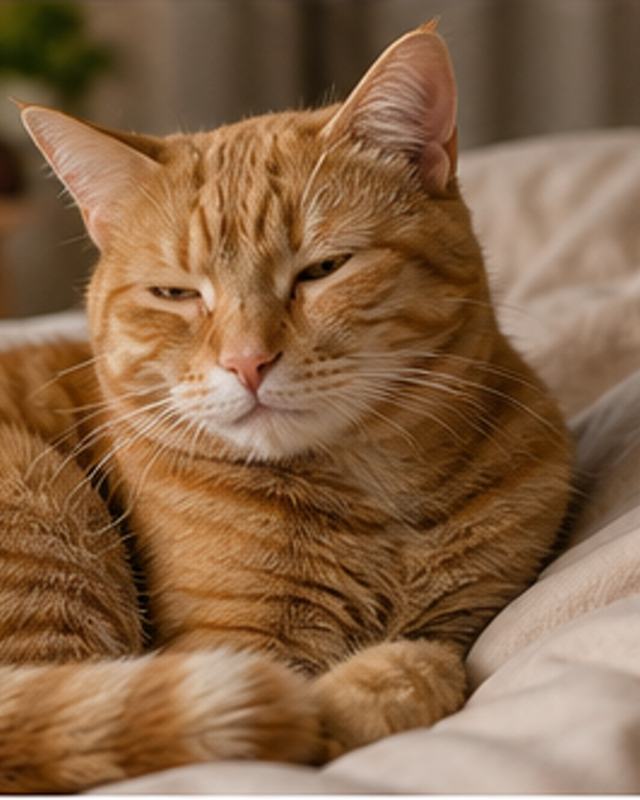 An orange cat rests on a bed with relaxed ears, eyes and body posture.