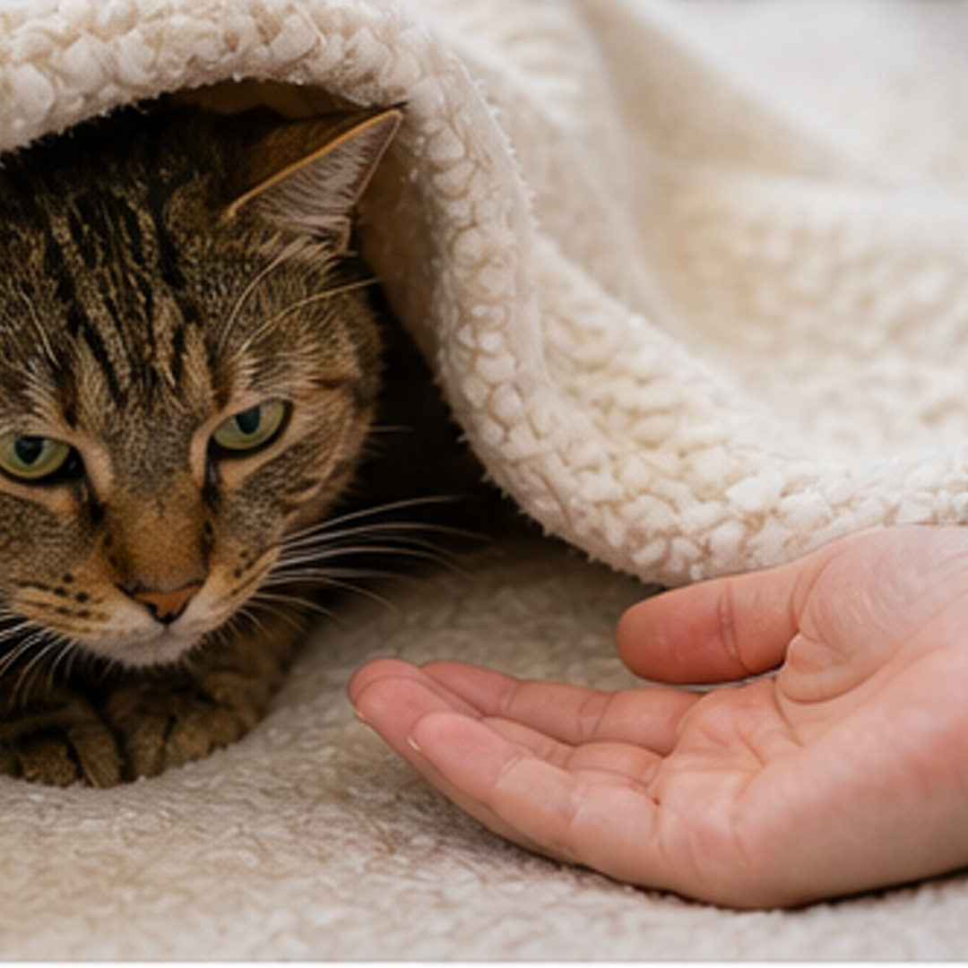 A shy tabby cat rests under a soft blanket while a person offers calm space nearby.