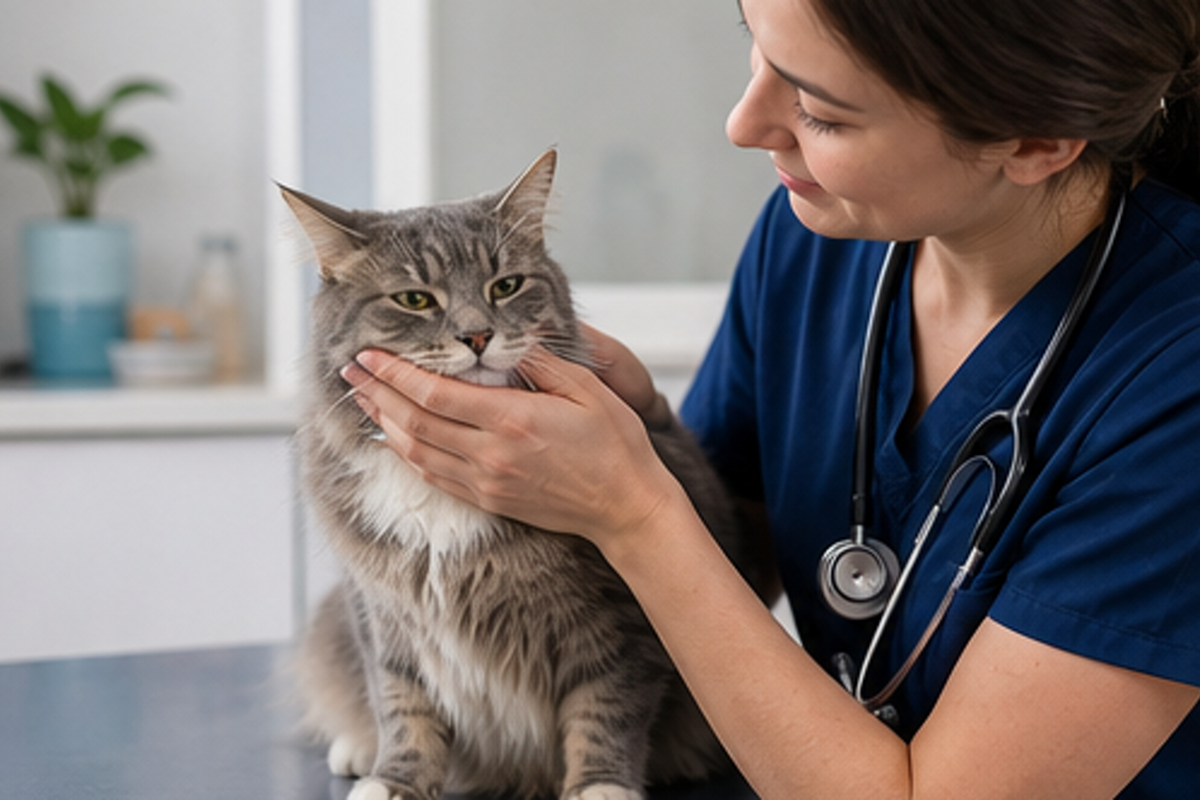 A grey cat sits calmly while a veterinary professional checks its face and eyes.