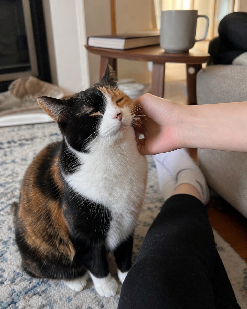 A relaxed calico cat sits near a person and leans into gentle contact in a cozy living room.