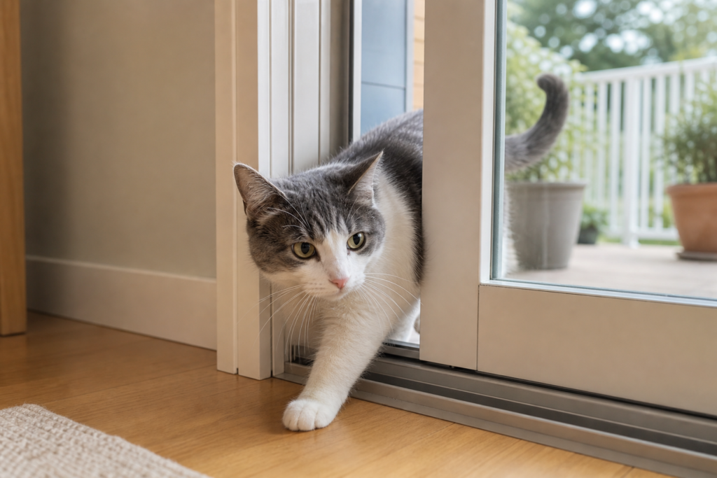 A curious grey and white cat squeezes through a narrow sliding door gap in a cozy home.