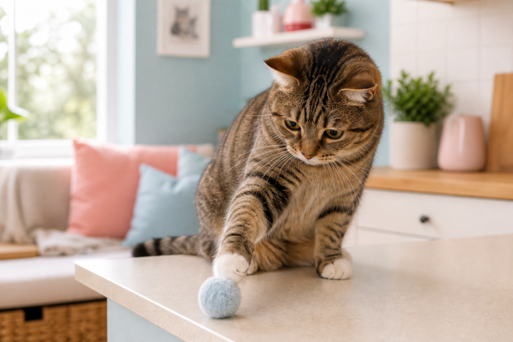 A tabby cat gently paws at a soft toy near the edge of a kitchen counter in a cozy home.