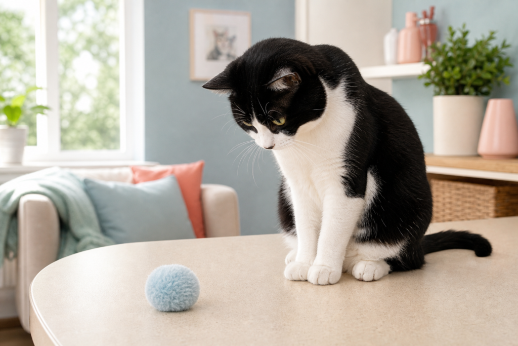 A black-and-white cat stares at a small soft toy on a table as if deciding whether to push it.