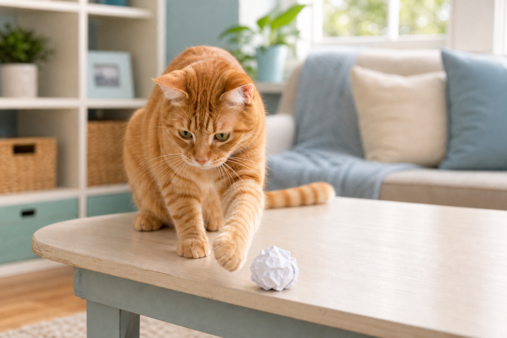 An orange tabby cat bats a small paper ball across a low coffee table in a cozy living room.
