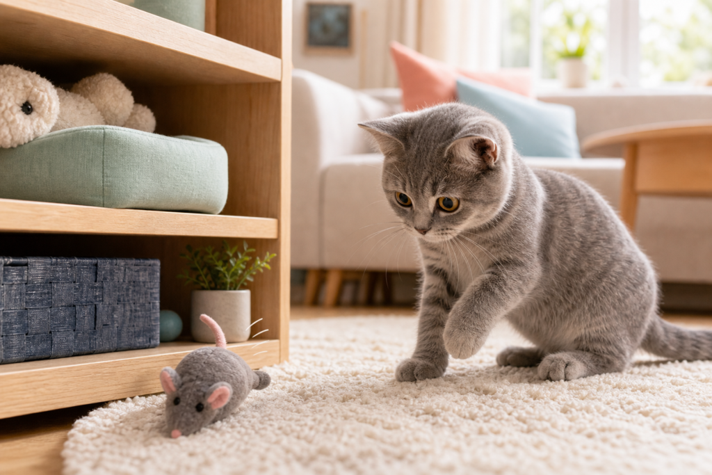 A grey cat watches a plush mouse toy on the floor after it has rolled from a low shelf.