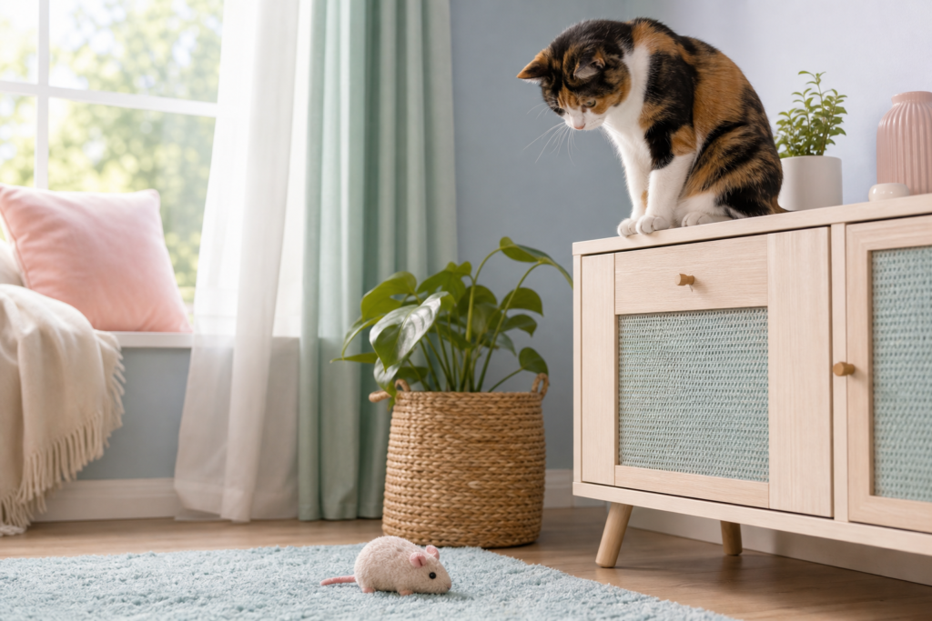 A calico cat looks down from a window-side cabinet toward a toy on a soft rug.