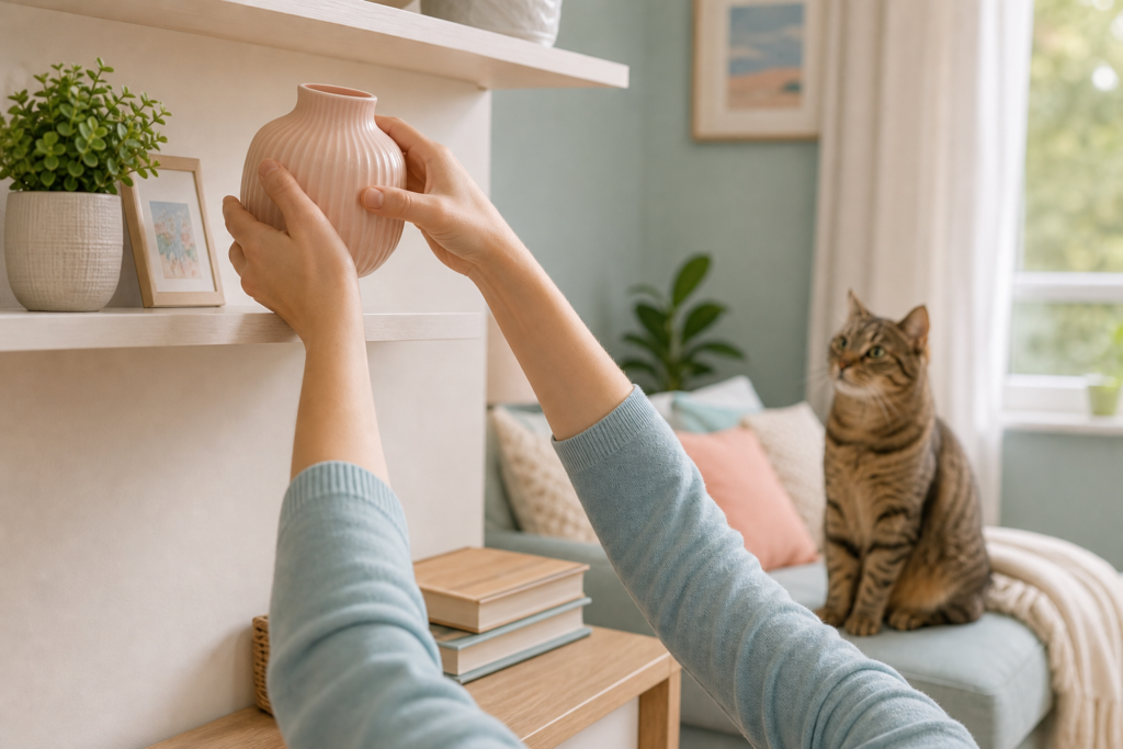 A person moves a small decoration to a safer shelf while a tabby cat watches from a chair.