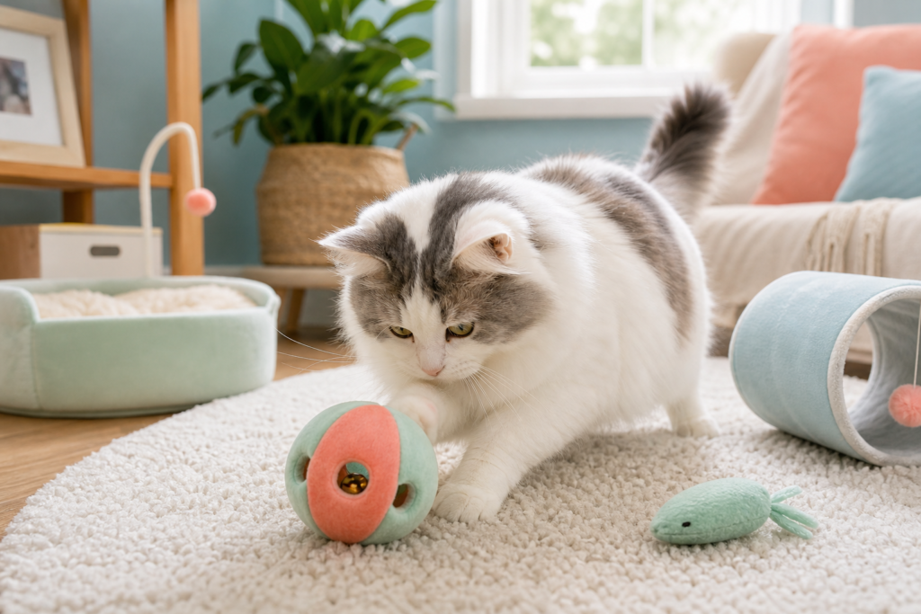 A fluffy cat plays with an approved toy on a soft rug as a safer outlet for knocking objects.