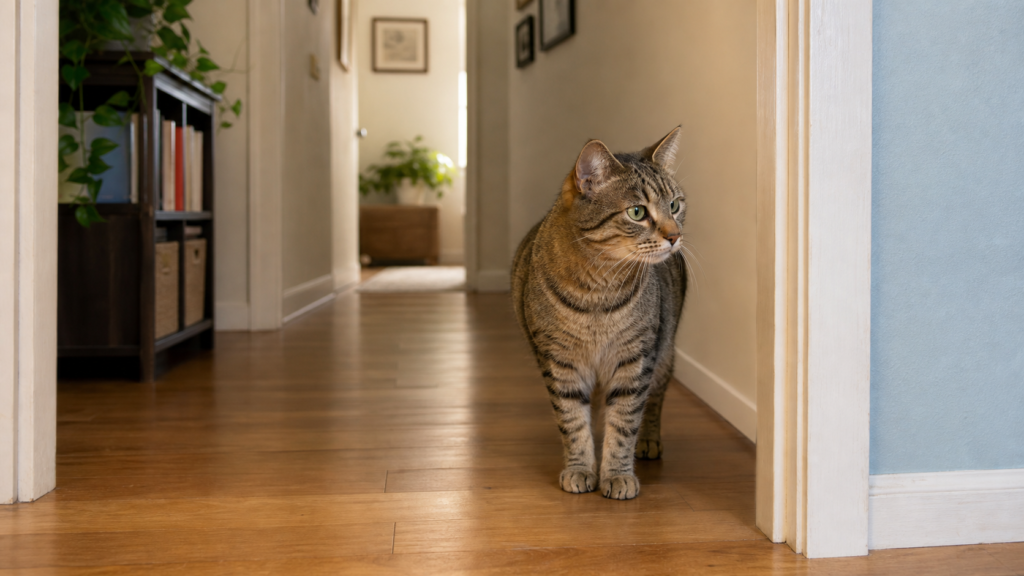 A tabby cat studies a doorway and hallway as if choosing a route through the house.
