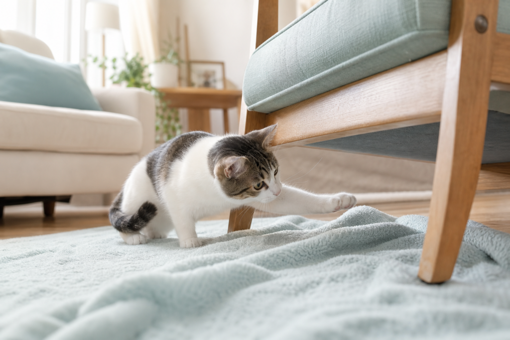 A young cat stretches one paw toward a small gap under a chair in a bright living room.