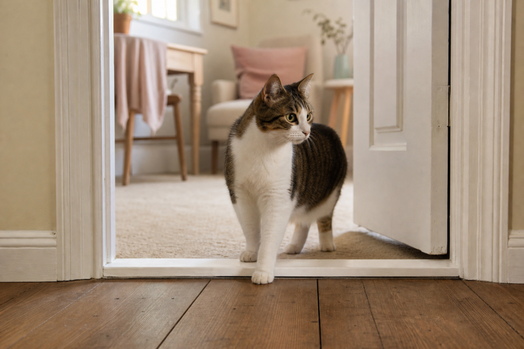 A cat pauses in a doorway with one paw over the threshold, watching the room beyond.