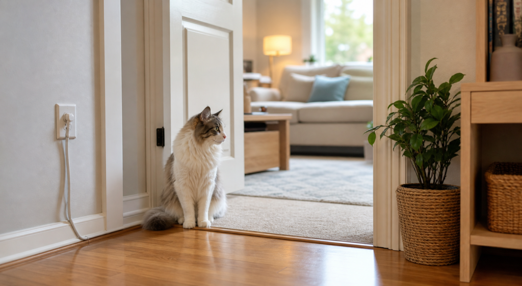 A cozy home scene with a cat near a safe open doorway while cords and small objects are kept away.