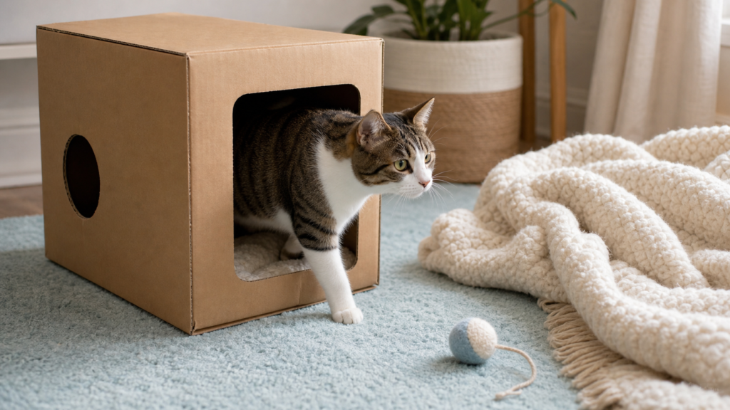 A cat explores a safe cardboard box hideout beside a soft blanket and a toy.