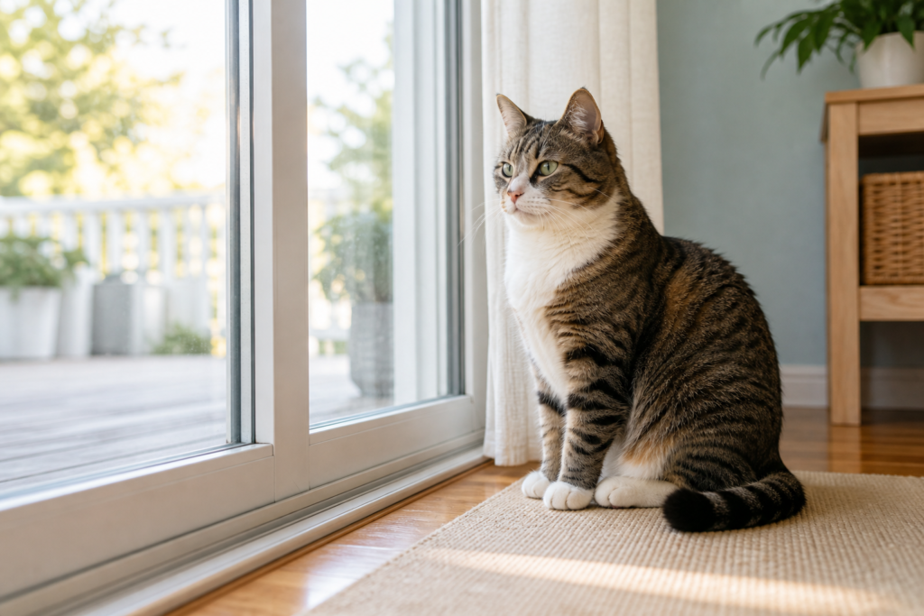 A cat sits beside a sliding door like it is supervising household traffic.