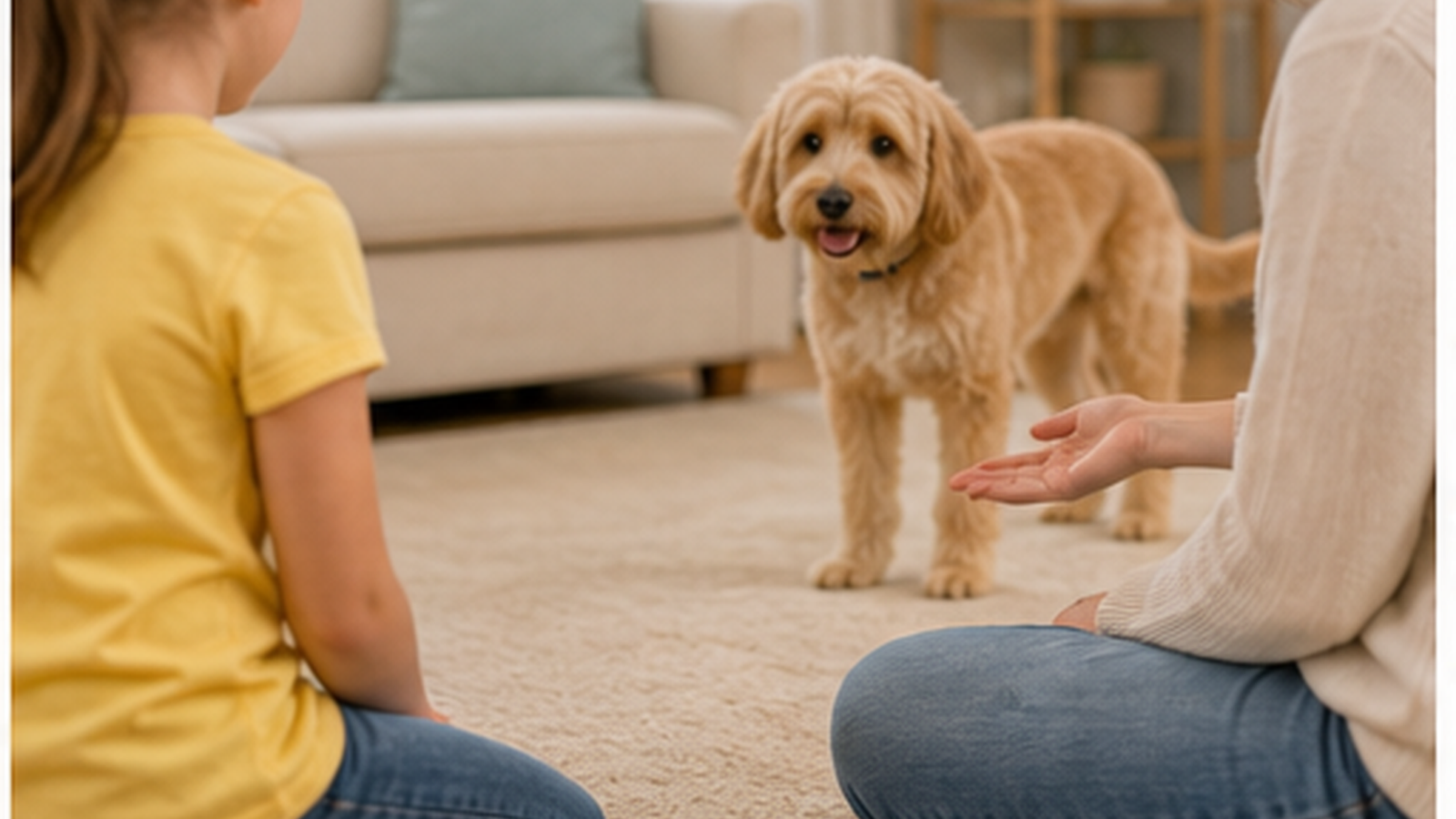 A child and adult calmly give a small dog space in a cozy room.