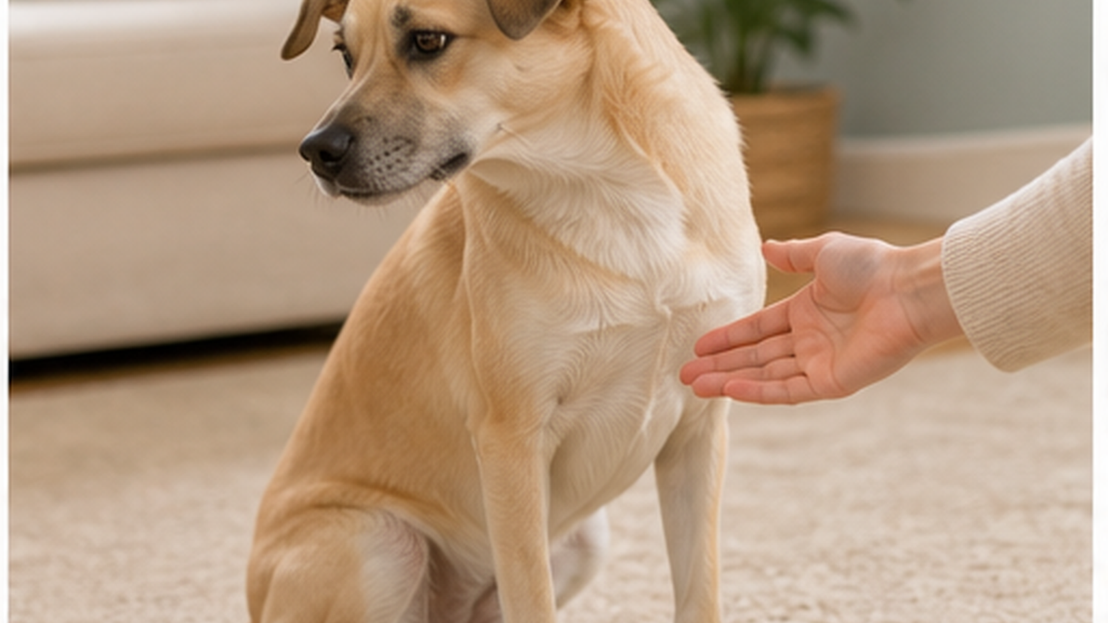 A dog calmly turns its head slightly away from a nearby hand in a cozy room.