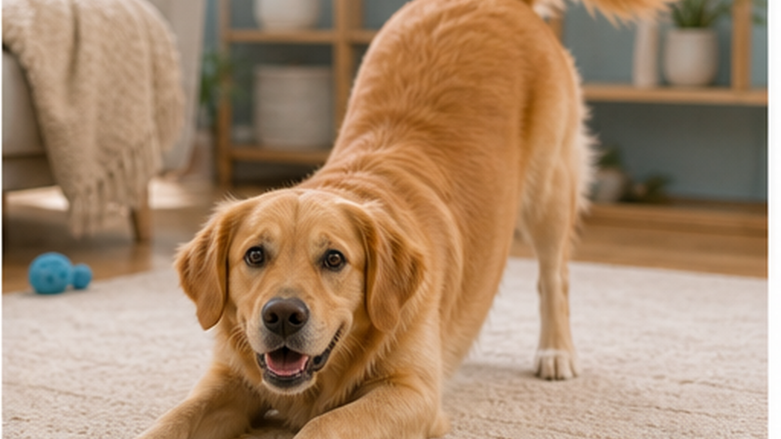 A happy dog makes a loose play bow on a cream rug in a bright cozy room.