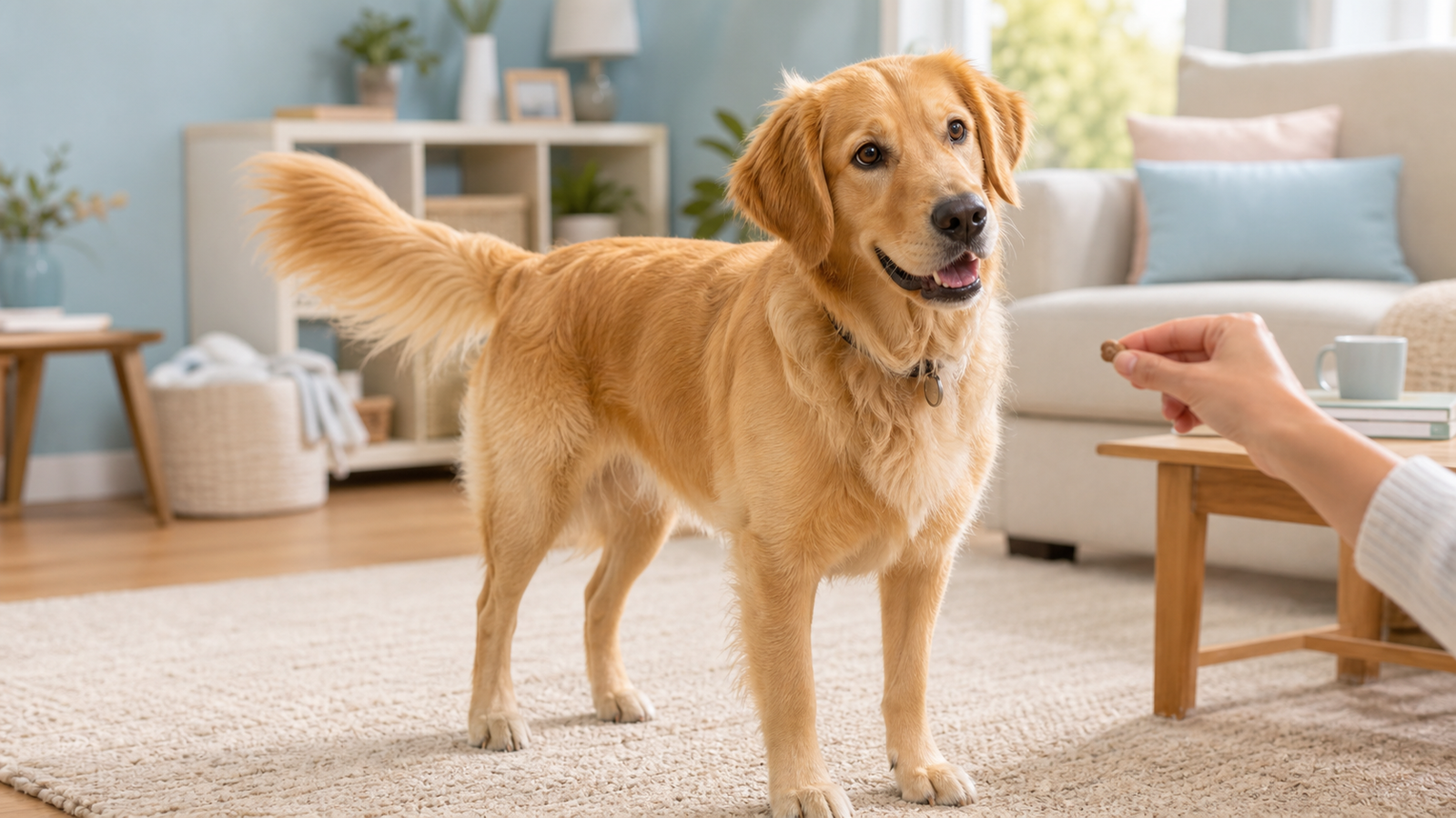 A relaxed golden dog stands on a cream rug in a cozy room while a person calmly offers a treat nearby.