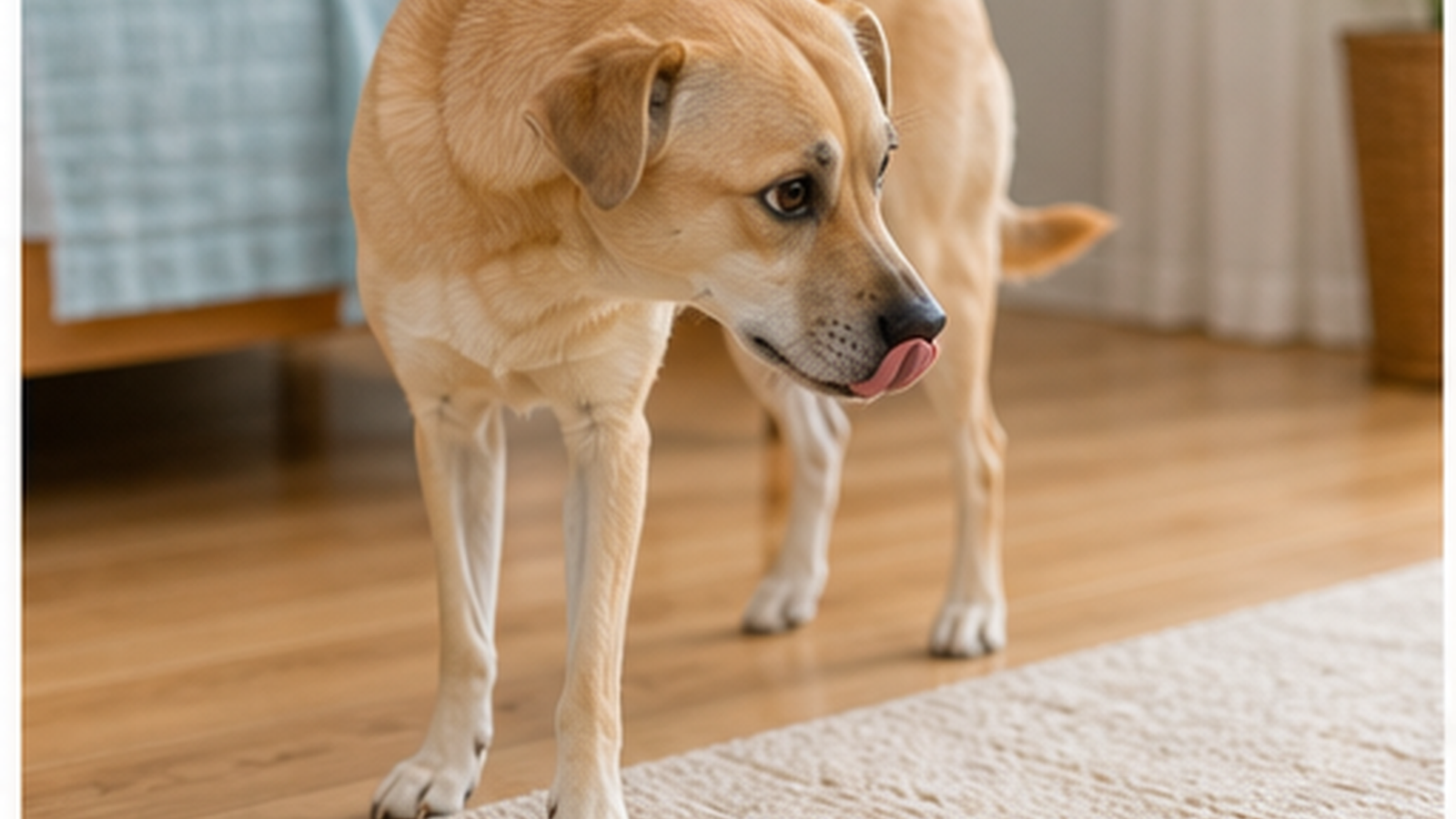 A dog stands with its body angled away and tongue slightly out in a calm cozy room.
