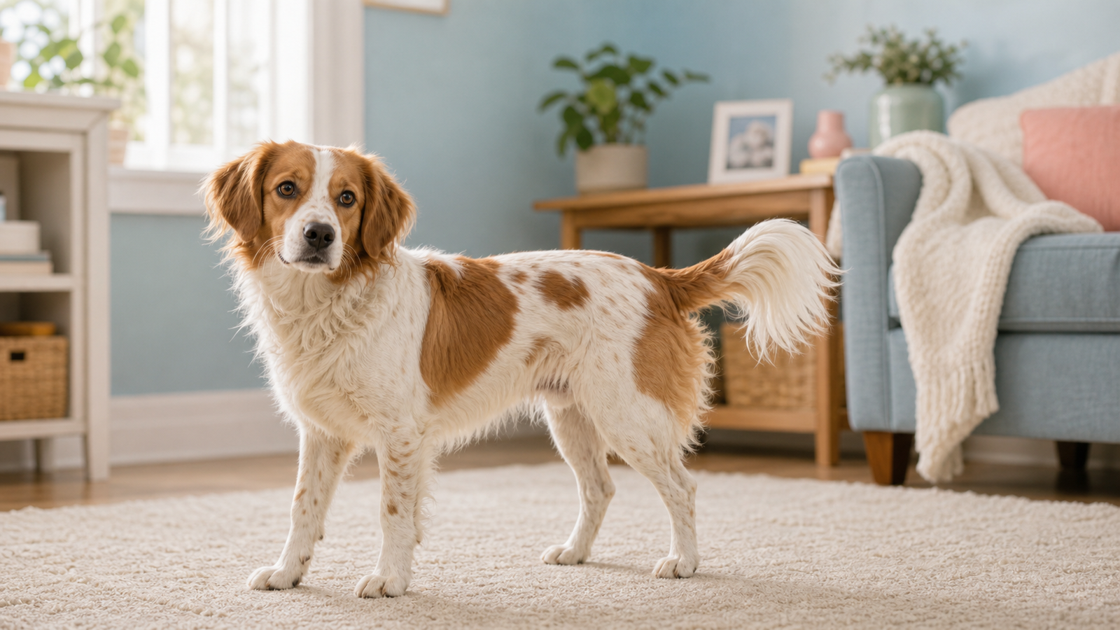 A relaxed brown and white dog stands in a cozy living room with its tail and full body posture visible.