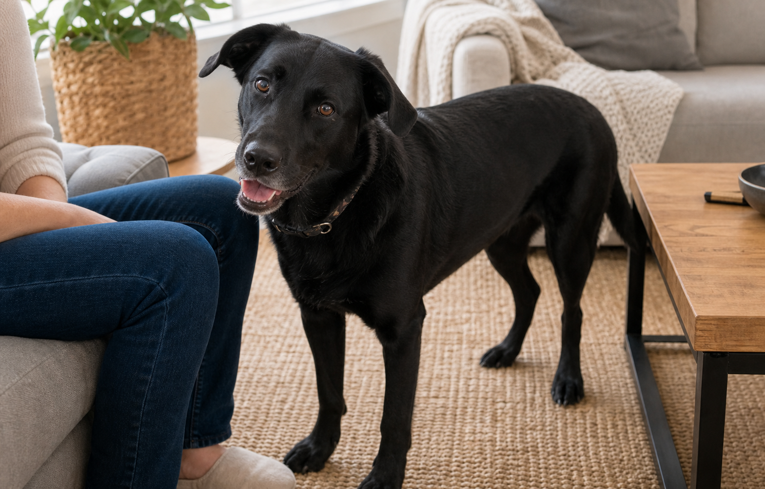 A relaxed dog stands near a person with loose body language, soft eyes and an easy posture.