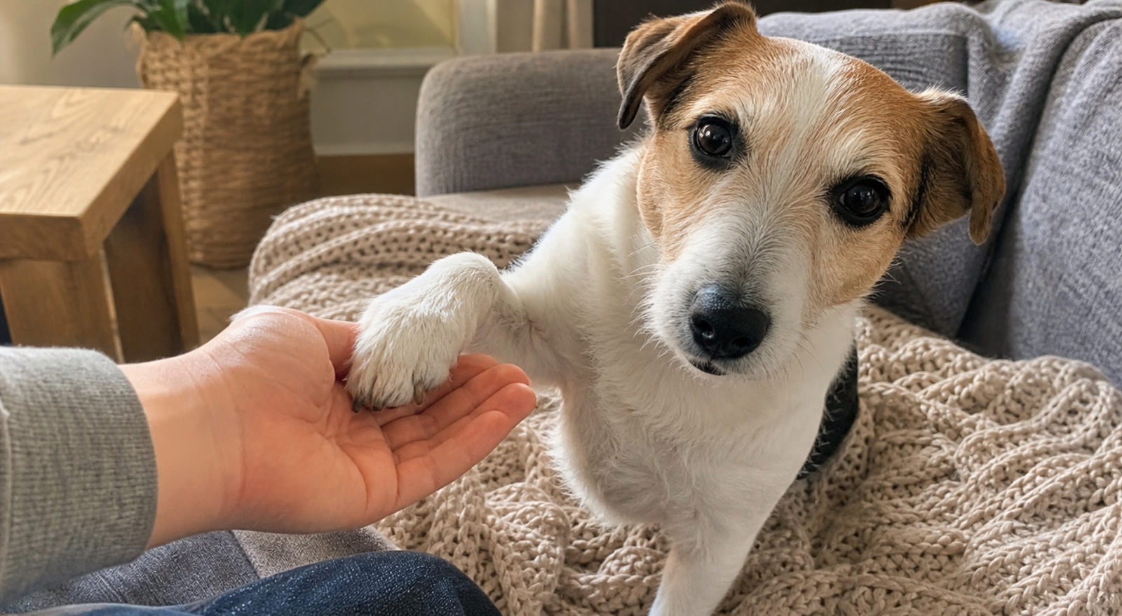 A small dog gently paws a person's hand while asking for attention on a sofa.