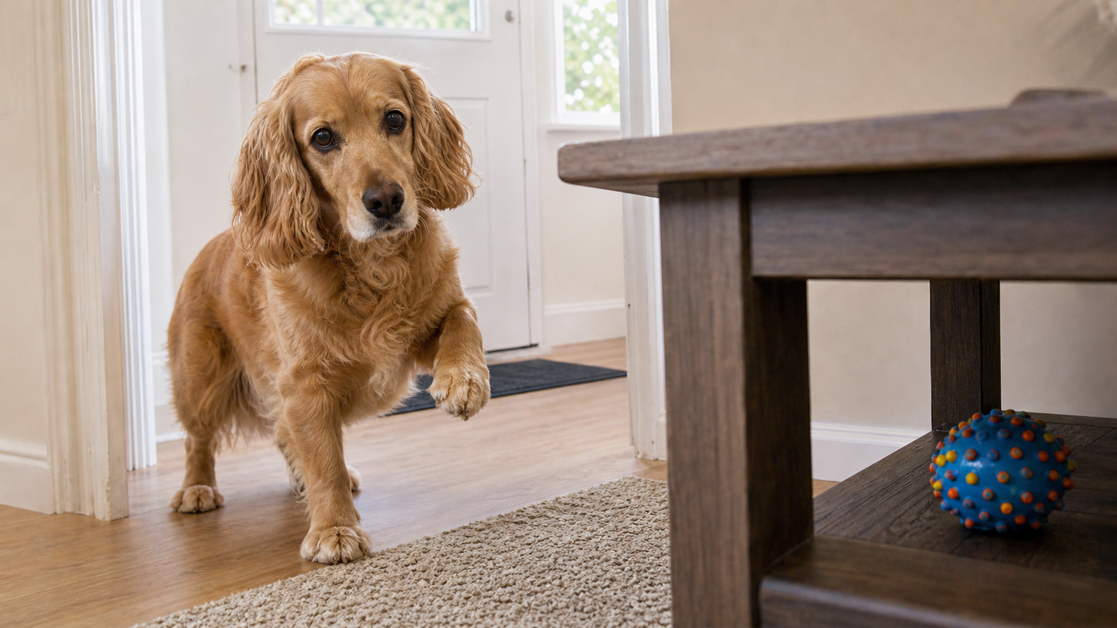 A dog looks toward a door or toy while gently lifting a paw as if asking for help.