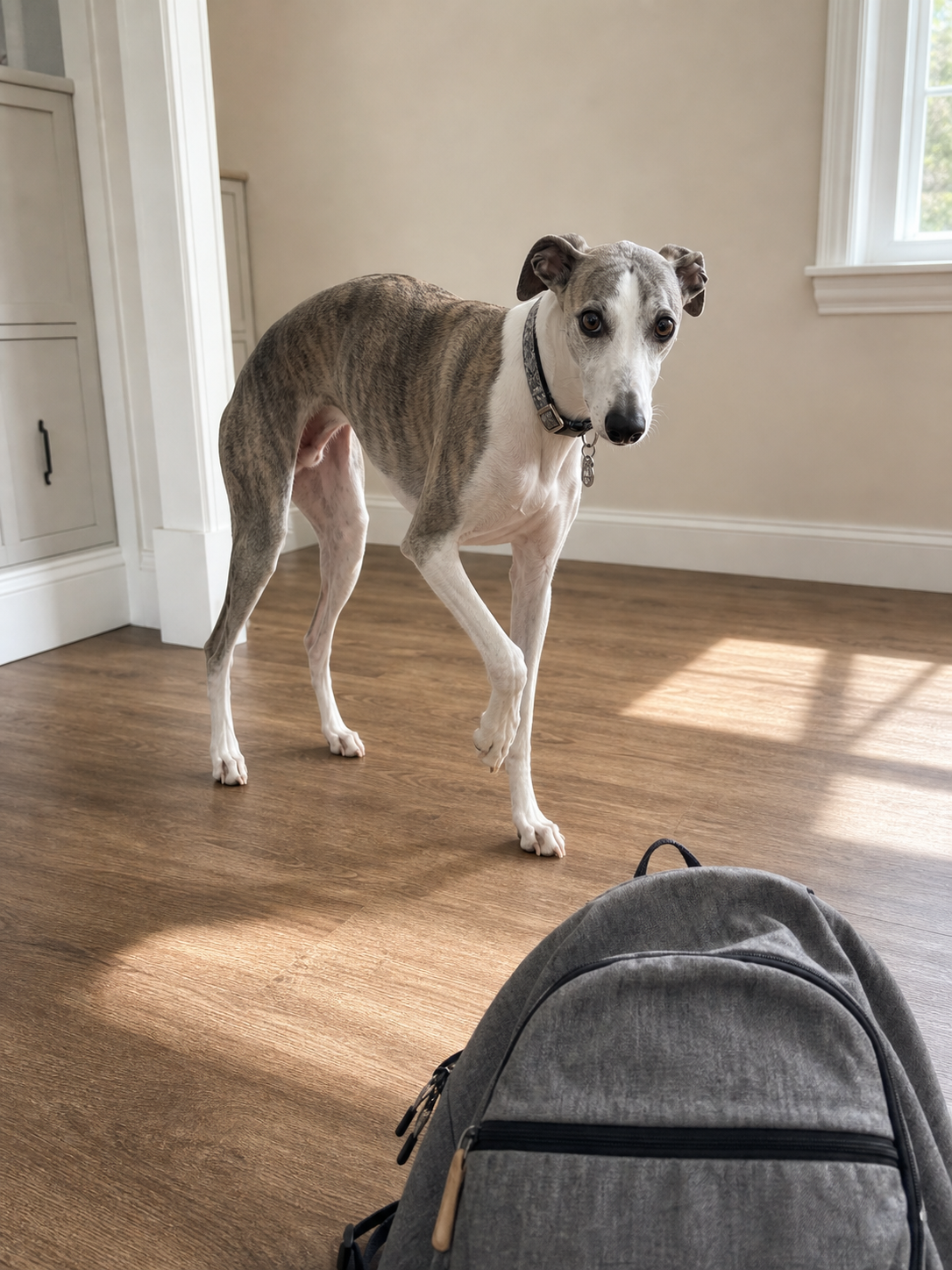 A cautious dog lifts one paw while standing at a comfortable distance, showing uncertainty rather than confidence.