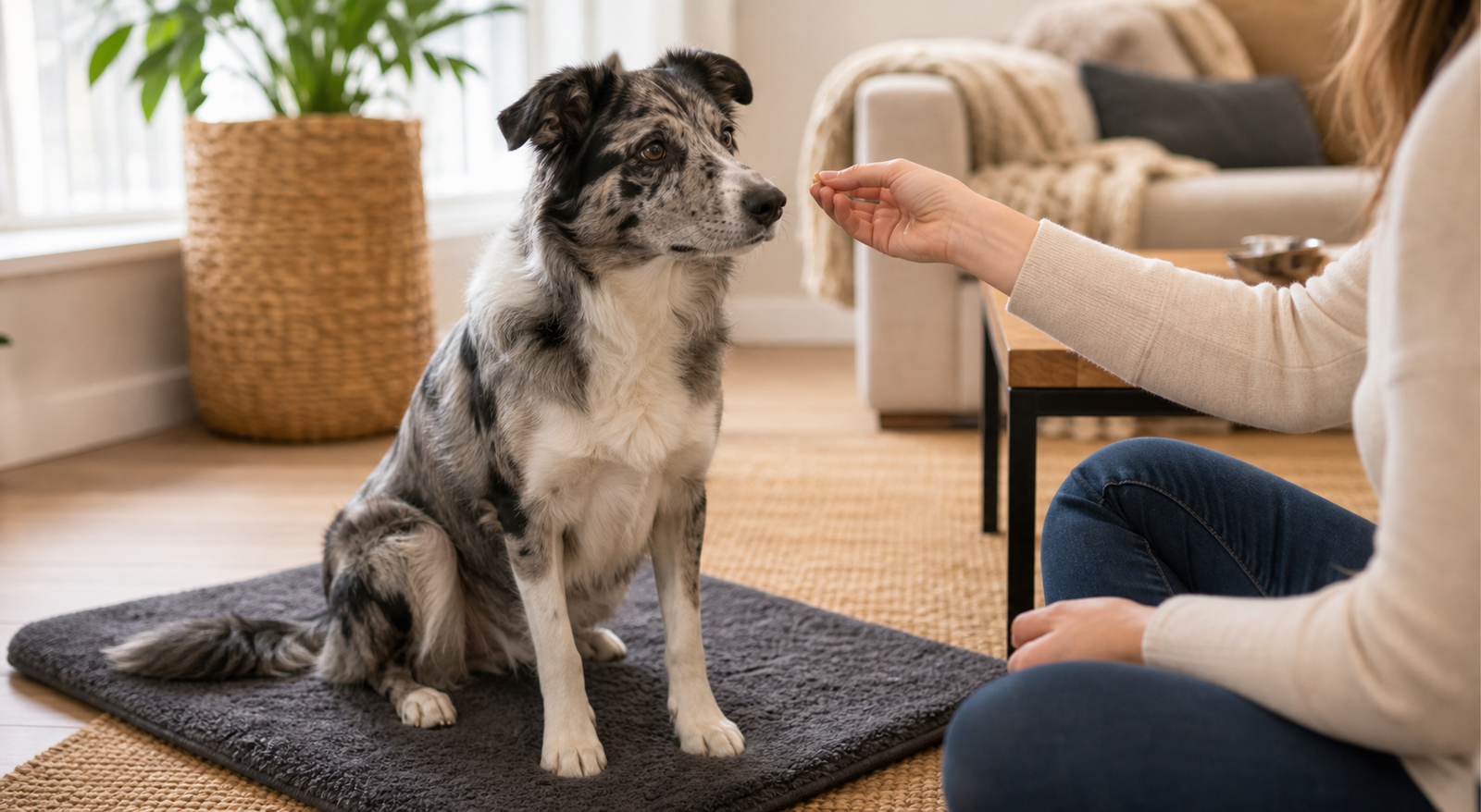 A dog sits calmly on a mat while a person rewards calm behaviour instead of pushy pawing.