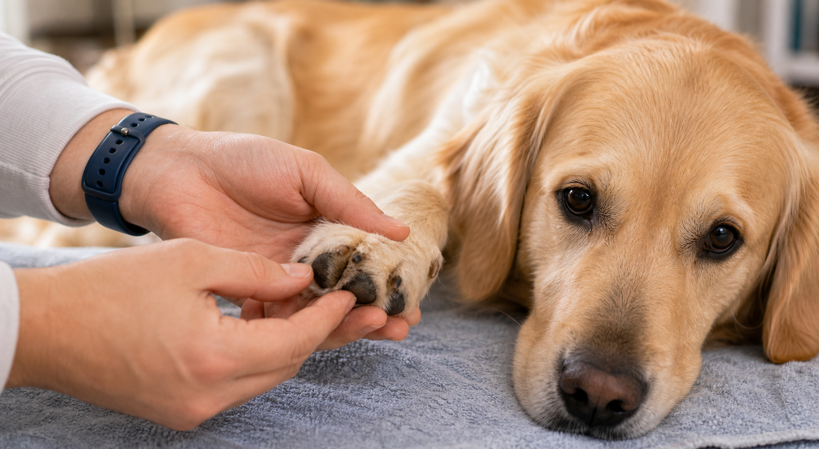 A dog rests calmly while a vet or owner gently checks one paw for signs of discomfort.