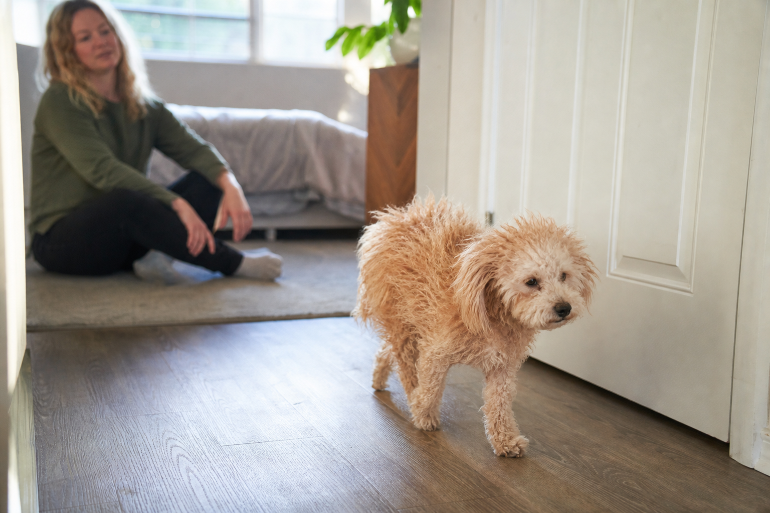 A fluffy mixed-breed dog performs a full-body shake beside a sofa in an ordinary living room.
