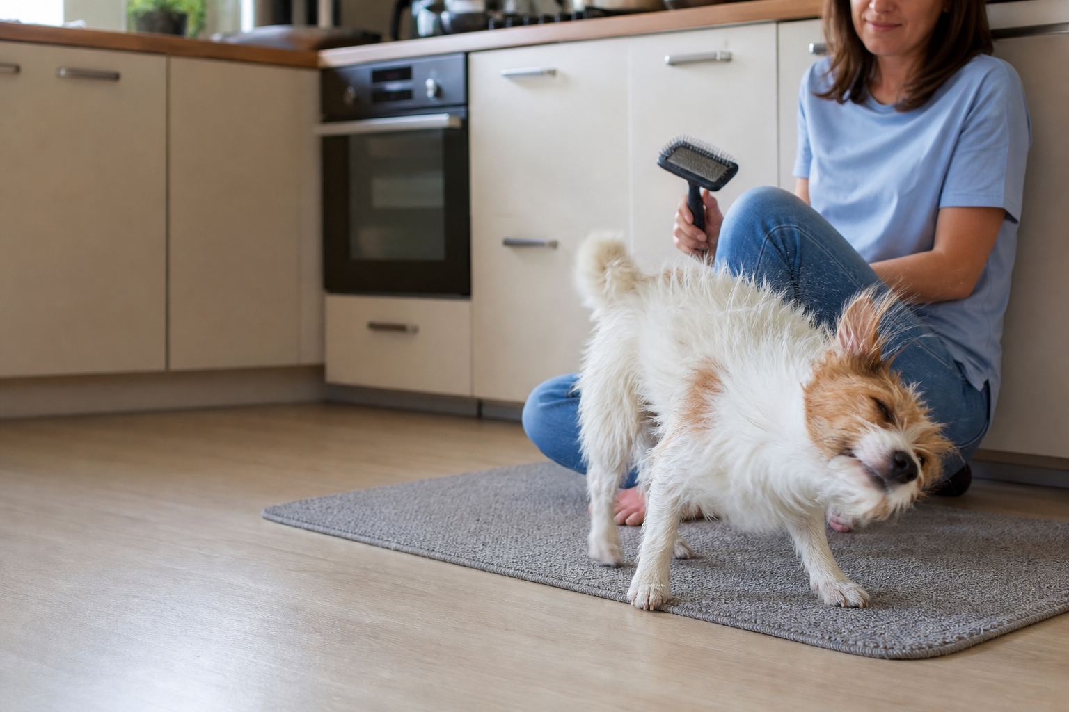 A small white-and-brown terrier performs a full-body shake after a gentle brushing session.