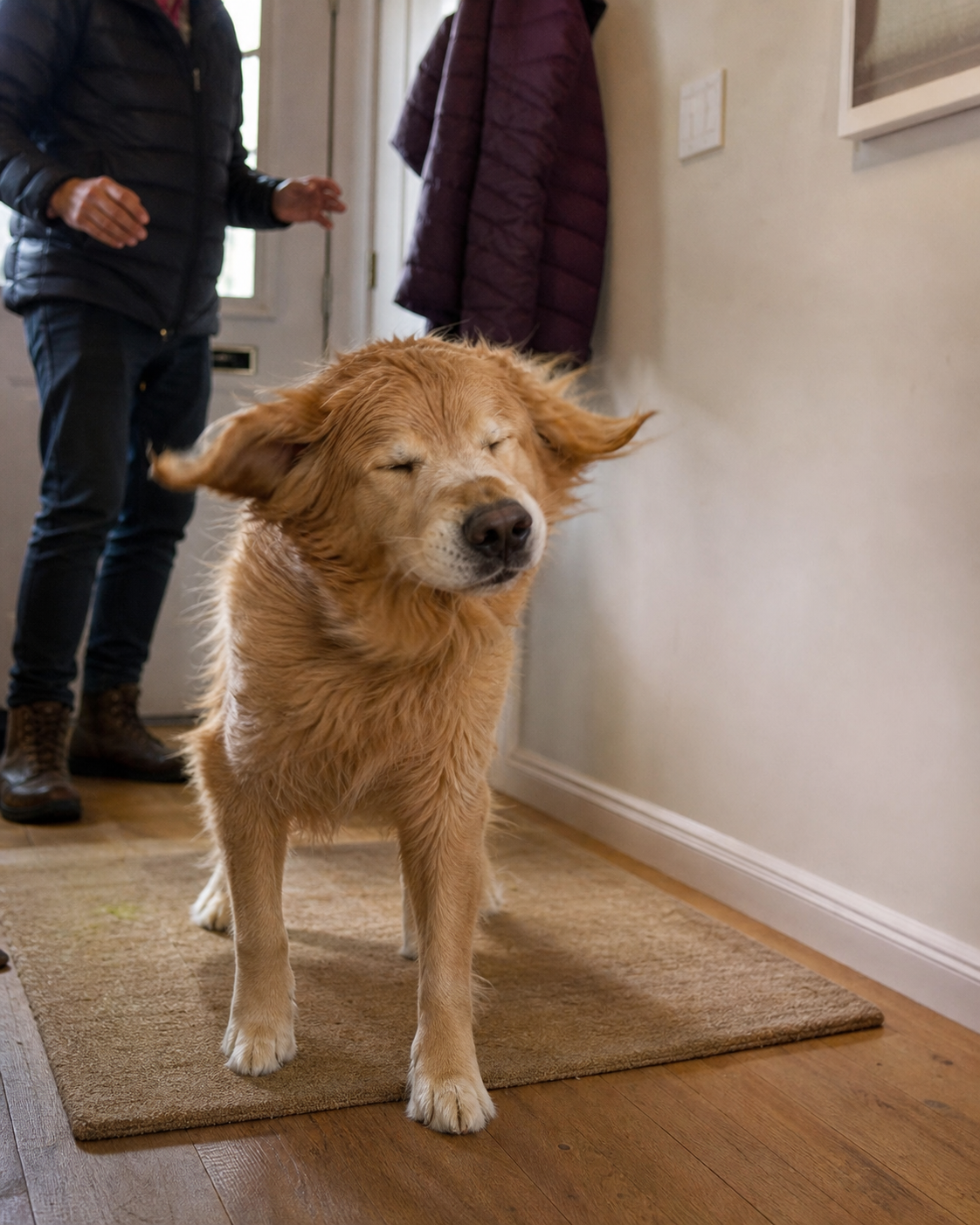 An older golden retriever performs a full-body shake in an entryway while a person gives space.