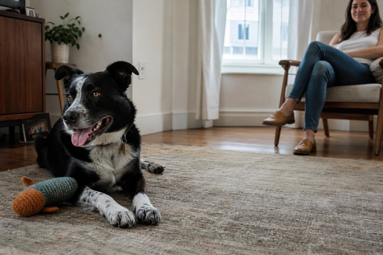 A relaxed black-and-white mixed-breed dog rests on a rug after play while its owner watches from a chair.