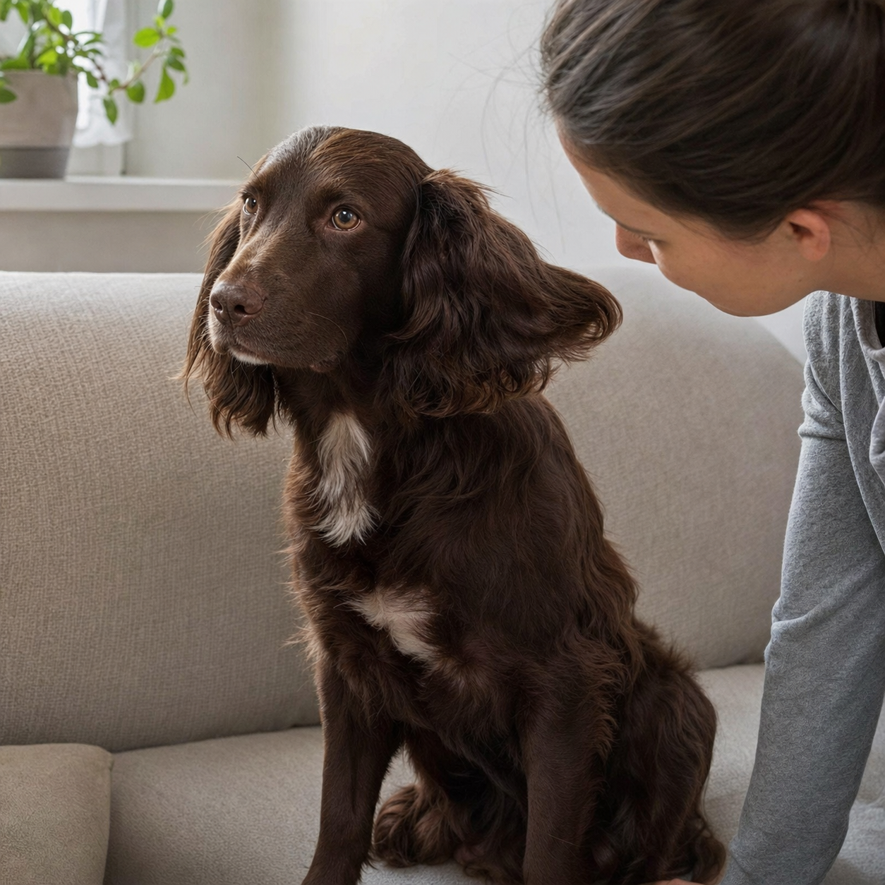 A brown spaniel sits near an owner who is calmly observing its ears after repeated head shaking.
