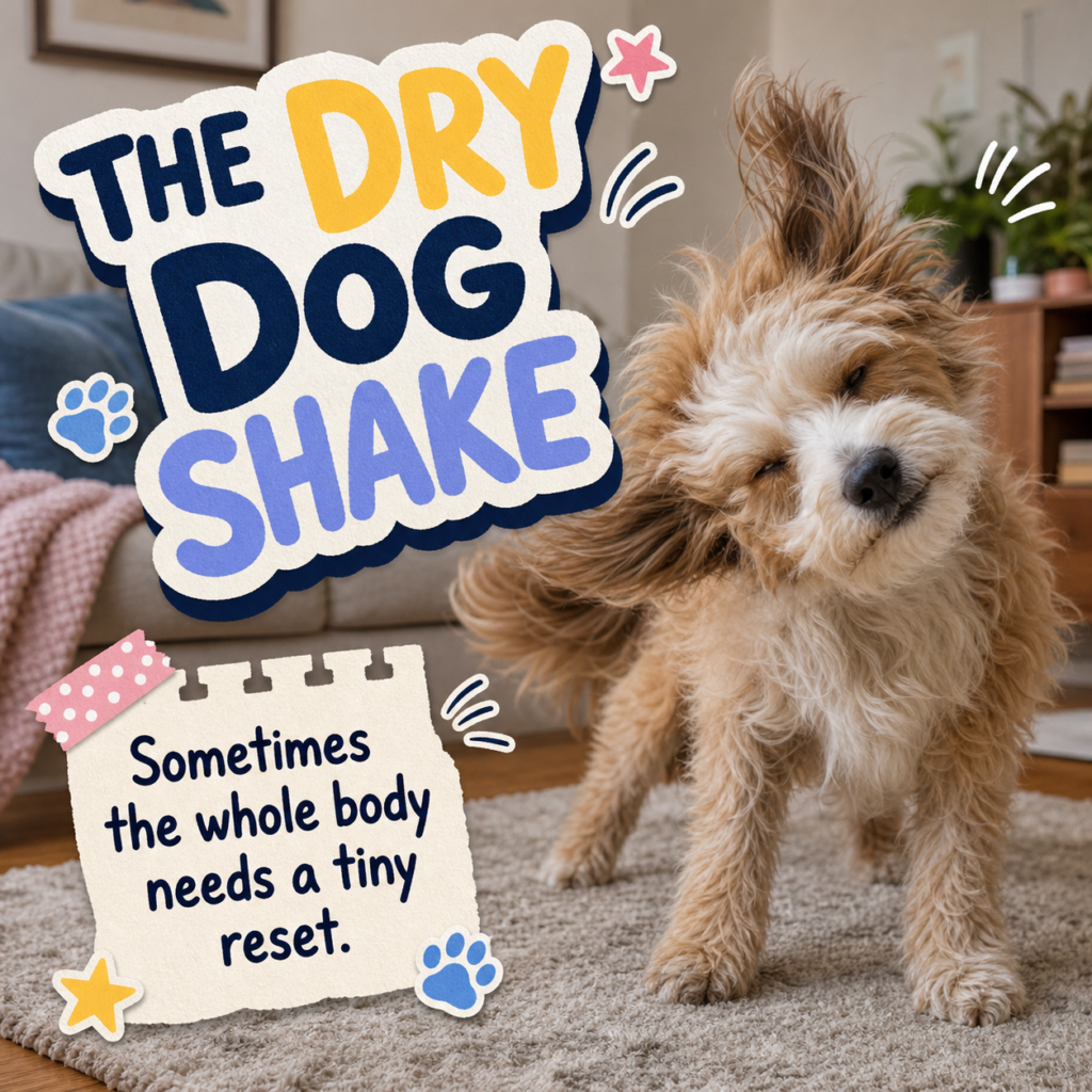 CloudyAww article card showing a dry dog shaking with sticker-style text saying The Dry Dog Shake.