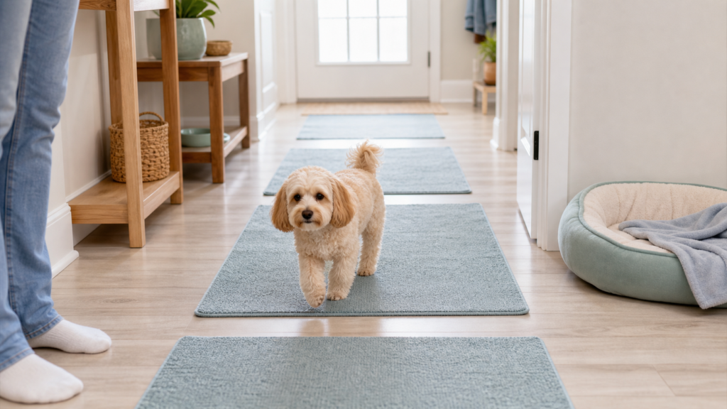 A small dog walks along a rug route across a smooth hallway floor.