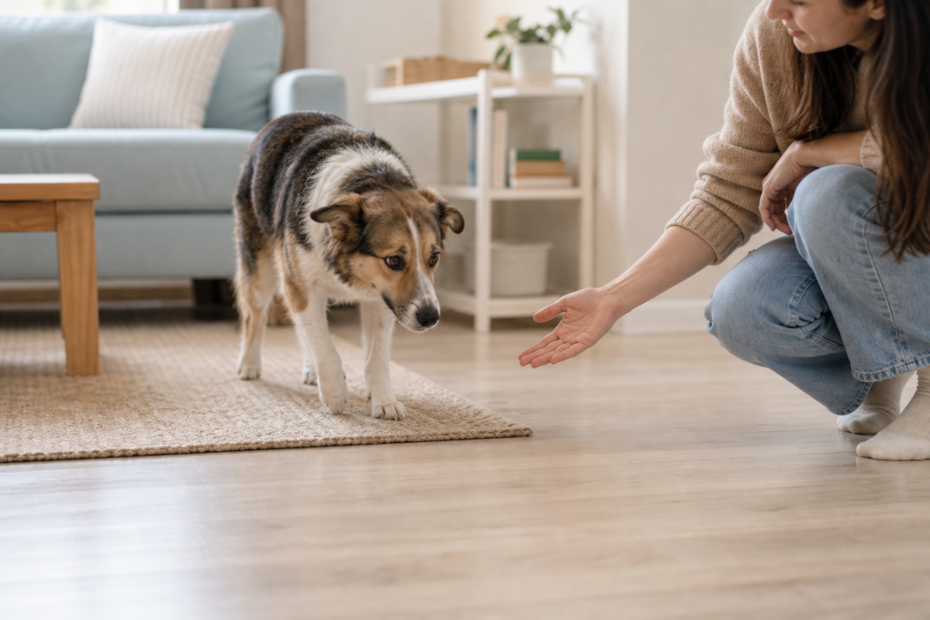 A dog hesitates at the edge of a smooth floor while a person calmly reassures them.
