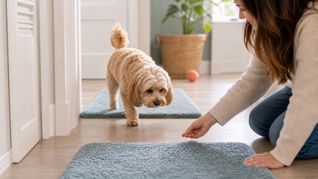 A dog practices calmly stepping between rug areas with a small reward nearby.