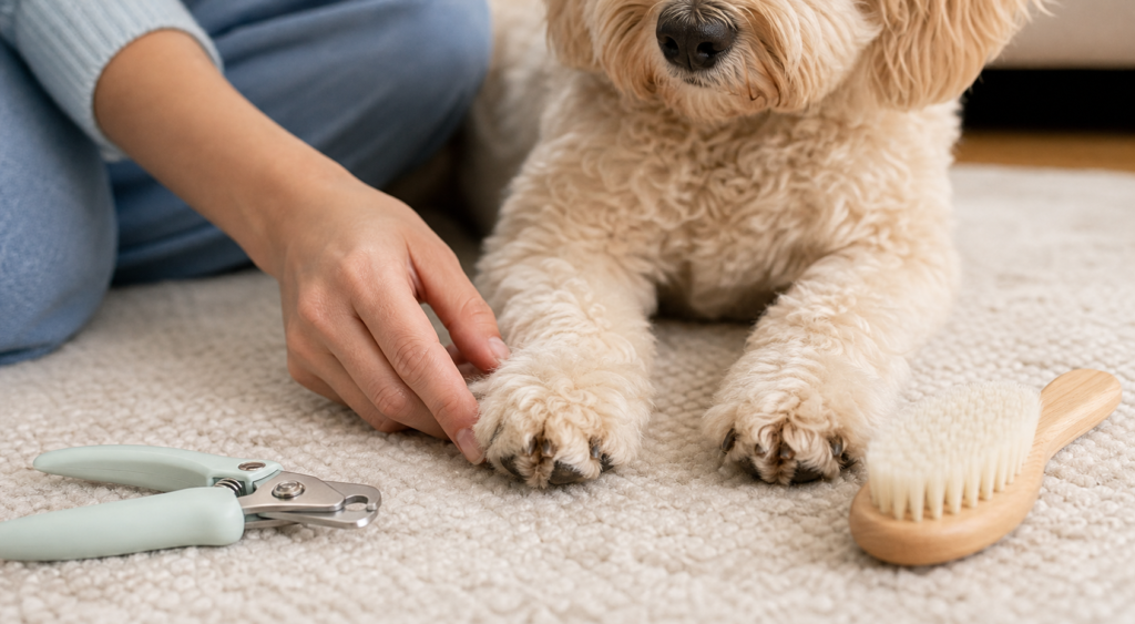 A close view of a dog's paws near gentle grooming tools on a pale rug.