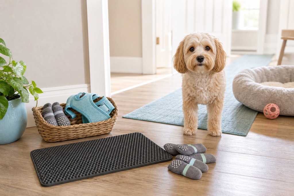 A dog stands near traction helpers, a rug and grippy dog items in a cozy entryway.