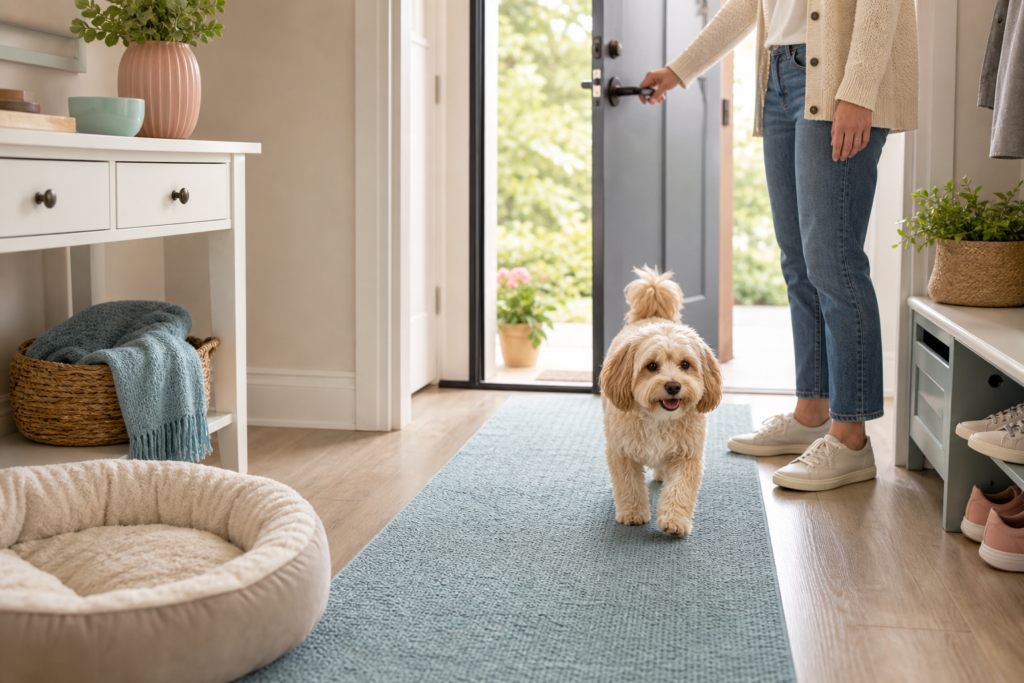 A small dog follows a runner rug near a doorway in a bright cozy hallway.