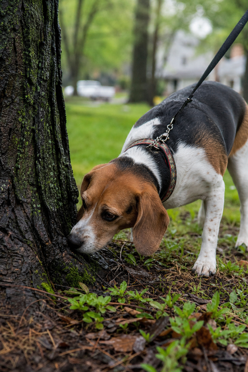 A beagle carefully sniffs the base of a damp tree during a neighbourhood walk.