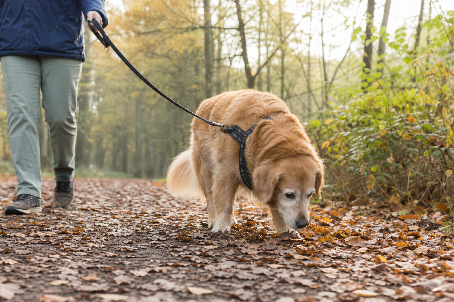 An older golden retriever pauses to sniff fallen leaves on a flat woodland path.
