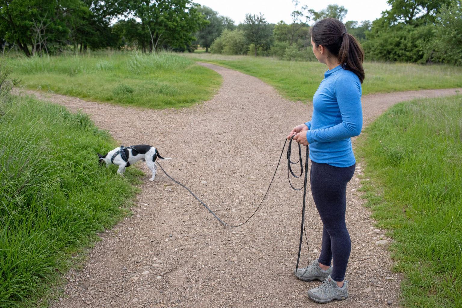 A small dog explores the edge of a quiet park path on a relaxed long line away from traffic.